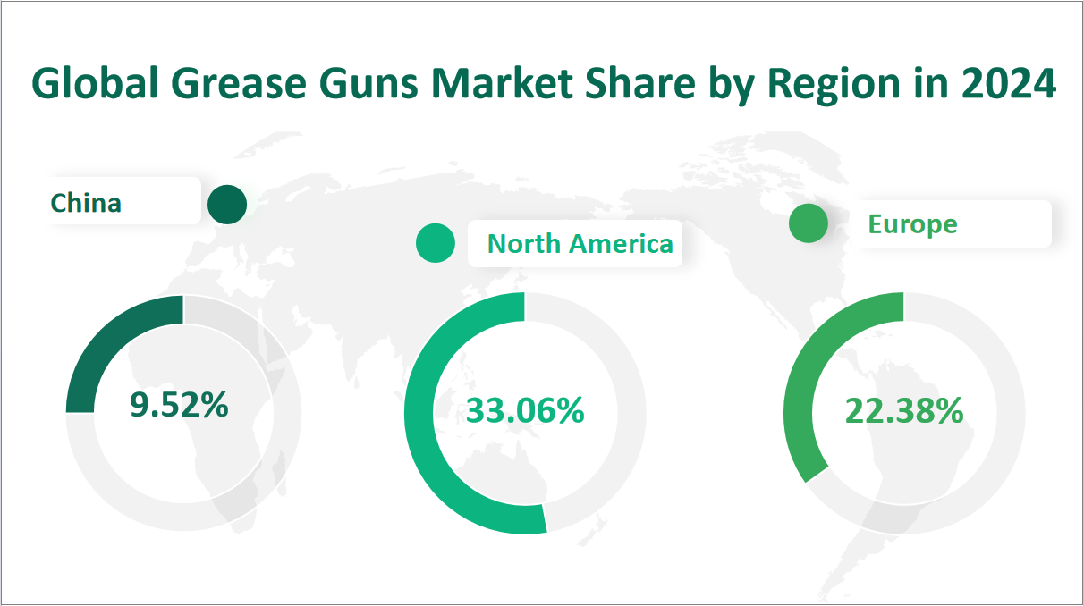 Grease Guns Market Size, Growth Trends & Insights Analysis Report by Type (Lever, Cordless, Pistol Grip, Air Powered, Hand Pump), by Application (Lawn Mowers, Chain Saws, Automobiles, Factory Equipment and Machines, Others), by Region, and Competitive Landscape Forecasts, 2024-2033 2 Global Grease Guns Market Share by Region in 2024